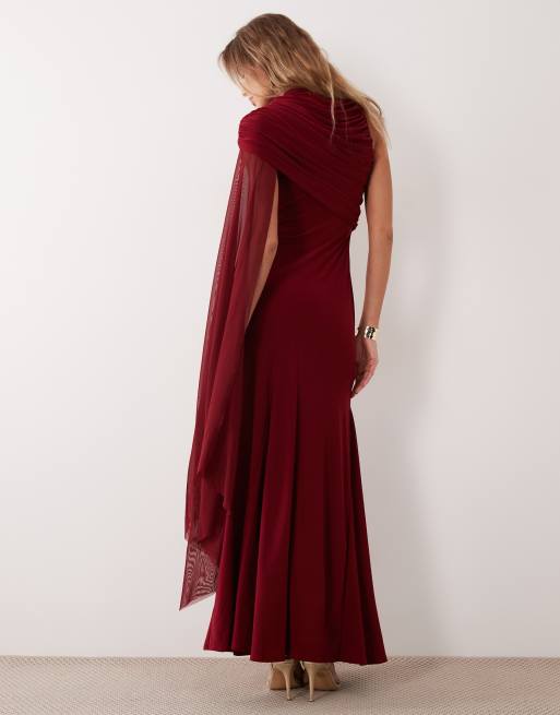 ASOS DESIGN Maxikleid mit Mesh-Overlay und Cape-Detail mit Godets in Weinrot, 4 von 4