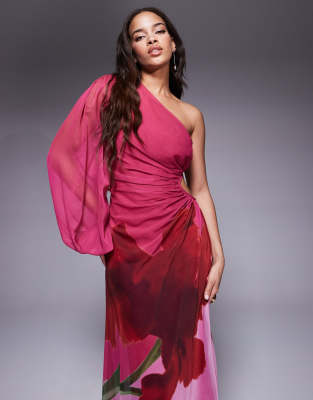 ASOS DESIGN - Maxikleid mit One-Shoulder-Träger, Zierausschnitt und großflächigem Muster-Bunt