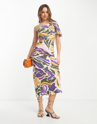 ASOS DESIGN - Maxikleid mit One-Shoulder-Träger, Zierausschnitten an der Taille und abstraktem Print in verwaschener Opt...