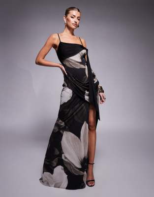 ASOS DESIGN - Maxikleid mit Oversize-Blumenmuster, asymmetrischem Ausschnitt und drapiertem Schlitzdetail-Bunt