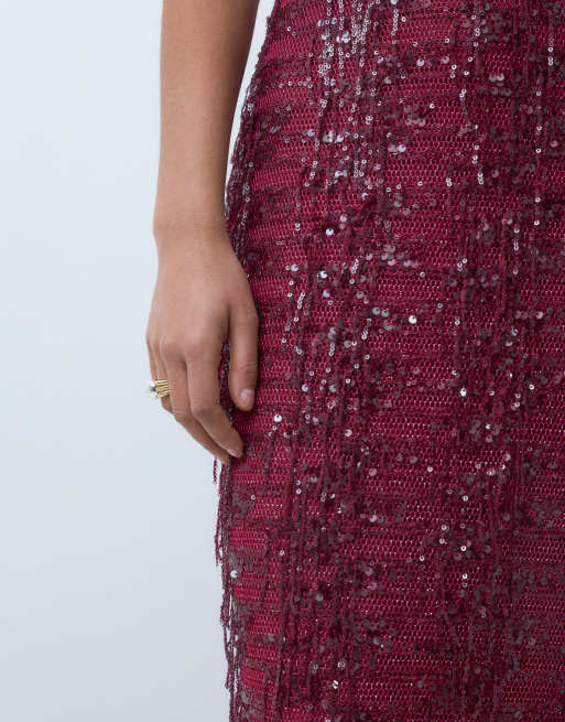 ASOS DESIGN Maxikleid mit Pailletten-Fransen und tiefem Ausschnitt in Beere, 3 von 5