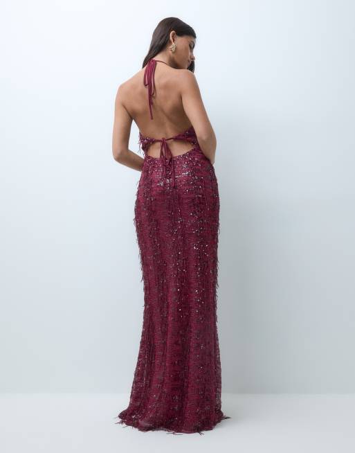ASOS DESIGN Maxikleid mit Pailletten-Fransen und tiefem Ausschnitt in Beere, 5 von 5