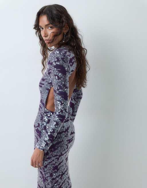 ASOS DESIGN Maxikleid mit Pailletten, Langarm, Schulterpolstern und in Elektro-Lila, 3 von 5