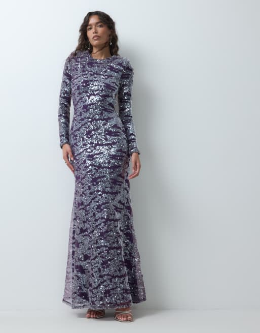 ASOS DESIGN Maxikleid mit Pailletten, Langarm, Schulterpolstern und in Elektro-Lila, 5 von 5