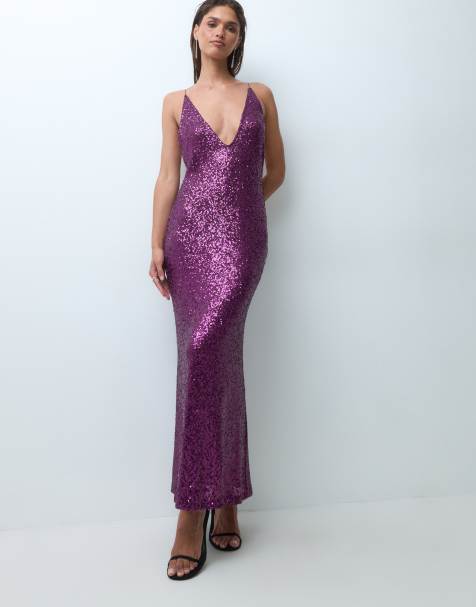 ASOS DESIGN Maxikleid mit Pailletten, rundem Ausschnitt und tiefem Ausschnitt in Lila - view 1