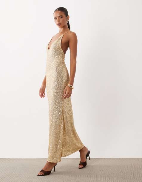 ASOS DESIGN Maxikleid mit Pailletten, tiefem Rundhalsausschnitt und tiefem Ausschnitt - view 1