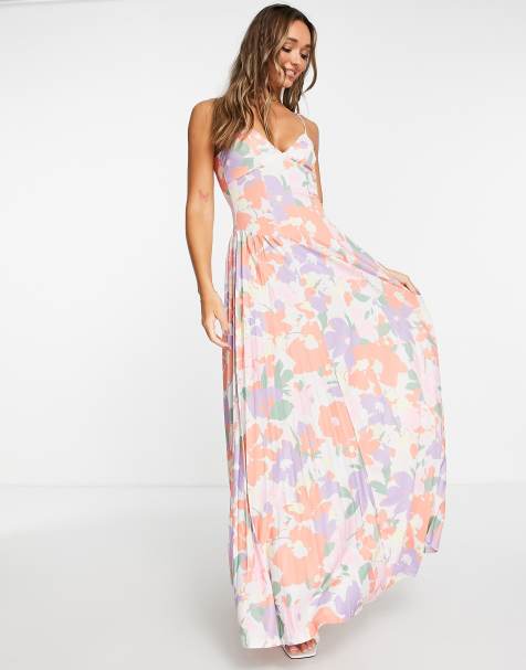 ASOS DESIGN – Maxikleid mit plissierten, seitlichen Einsätzen und Blumenmuster in Apricot - MULTI - view 1