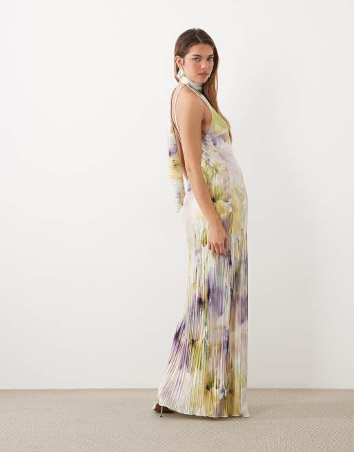 ASOS DESIGN Maxikleid mit Print und Plissee, mit Schal-Detail, in Lila mit Blumenmuster, 3 von 4