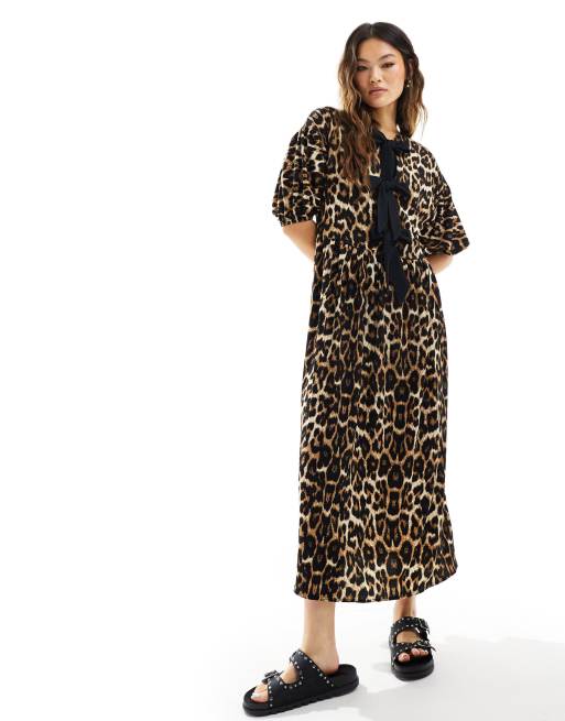 ASOS DESIGN Maxikleid mit Puffarmeln gebundener Vorderseite und Leopardenmuster