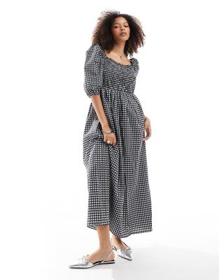 ASOS DESIGN - Maxikleid mit Puffärmeln in Schwarz mit Vichy-Karos-Bunt