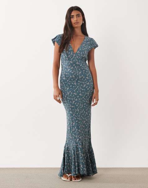ASOS DESIGN Maxikleid mit Puffärmeln, V-Ausschnitt und kleinem Print in Dunkelgrün - view 1