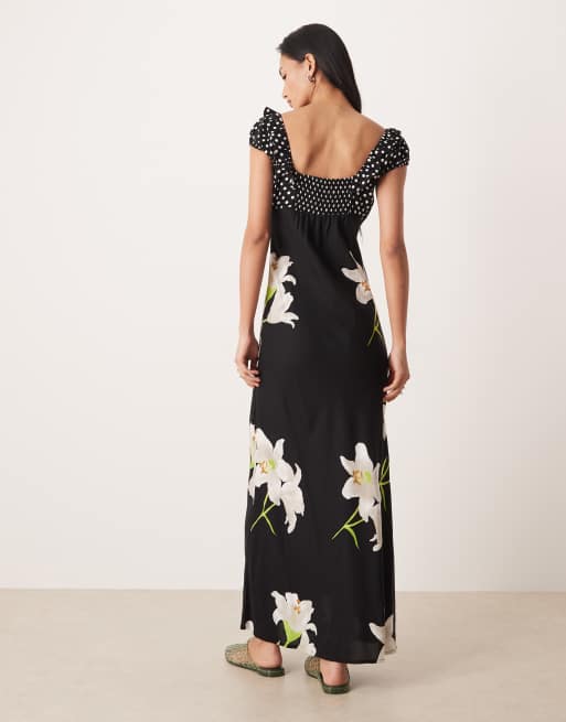 ASOS DESIGN – Maxikleid mit Punkte- und Blumenmuster, U-Ausschnitt, Rüschen und Bindedetail, 3 von 4