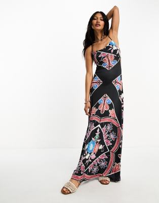 ASOS DESIGN - Maxikleid mit Riemchendesign, Neckholder und Fliesenprint-Bunt