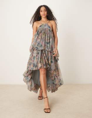 ASOS DESIGN - Maxikleid mit Riemchenträgern, nach hinten abfallendem Saum, Blumenmuster und prägnantem doppeltem Ballons...