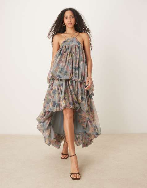 ASOS DESIGN – Maxikleid mit Riemchenträgern, nach hinten abfallendem Saum, Blumenmuster und prägnantem doppeltem Ballonsaum - view 1