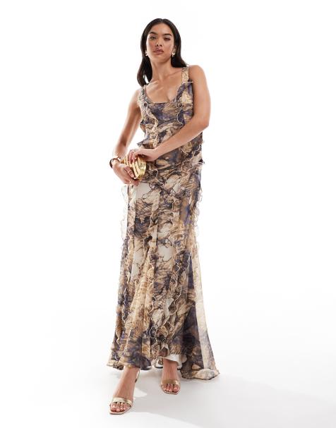 ASOS DESIGN – Maxikleid mit Rüschen, U-Ausschnitt und Marmormuster - view 1