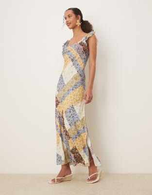 ASOS DESIGN - Maxikleid mit Rüschenärmeln und Patchwork-Muster-Bunt