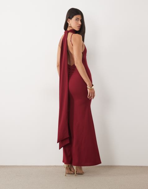 ASOS DESIGN Maxikleid mit Schal-Detail und tiefem Rückenausschnitt in Weinrot - view 1