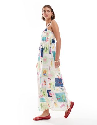 ASOS DESIGN - Maxikleid mit schmalen Trägern, gesmoktem Oberteil und Postkarten-Print-Bunt