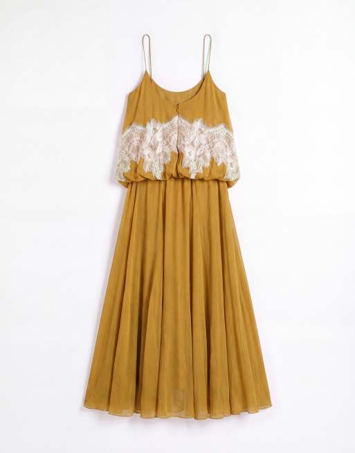 ASOS DESIGN Maxikleid mit Spitzenbesatz, Blouson-Oberteil und weitem Rock in Goldoliv, 6 von 8