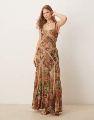 ASOS DESIGN - Maxikleid mit Spitzeneinsatz und Vintage-Blumenmuster-Bunt