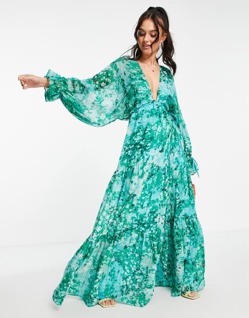 ASOS DESIGN – Maxikleid mit Taillenschnürung und verschwommenem Blütenmuster 