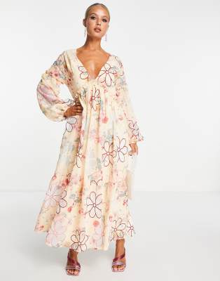 ASOS DESIGN - Maxikleid mit tiefem Ausschnitt und All-over-Blumenstickerei-Bunt