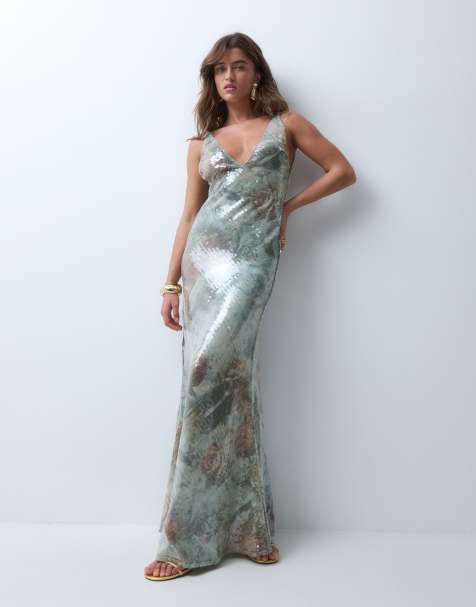 ASOS DESIGN Maxikleid mit tiefem Ausschnitt und Meerjungfrauensaum mit Paillettenprint - view 1