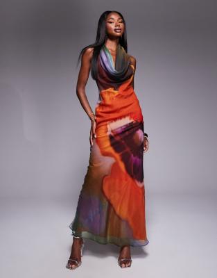 ASOS DESIGN - Maxikleid mit tiefem Wasserfallausschnitt, Schrägschnitt und auffälligem abstraktem Blumenmuster-Bunt