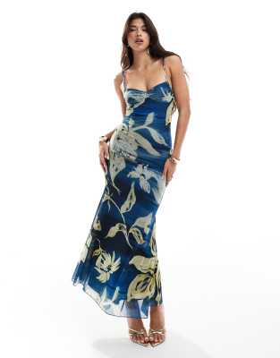 ASOS DESIGN - Maxikleid mit übergroßem Blumenprint in Blau und Gelb, Fischschwanzdesign und Körbchendetail mit Netzstoff...