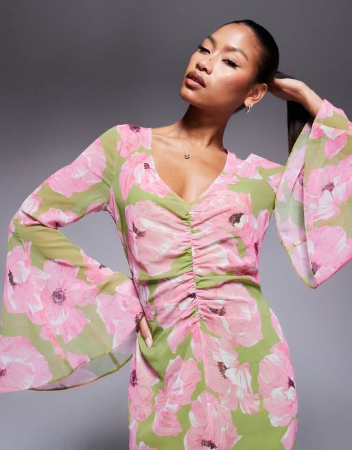 ASOS DESIGN v neck ruched front maxi dress in pink floral print