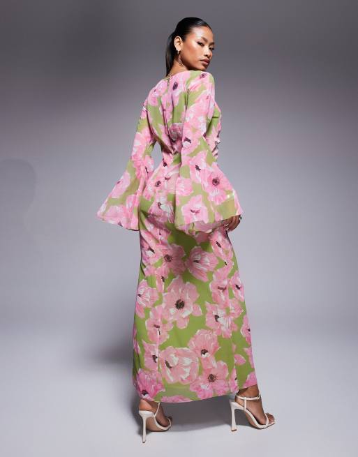 ASOS DESIGN v neck ruched front maxi dress in pink floral print