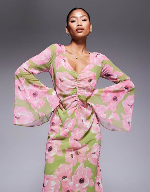 ASOS DESIGN v neck ruched front maxi dress in pink floral print