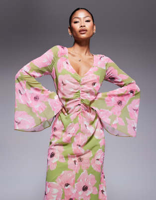 ASOS DESIGN v neck ruched front maxi dress in pink floral print