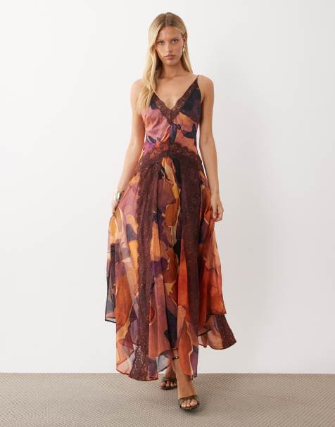 ASOS DESIGN Maxikleid mit V-Ausschnitt, Spitzenapplikation, Satin- und Chiffon-Mix und abstraktem Print - view 1