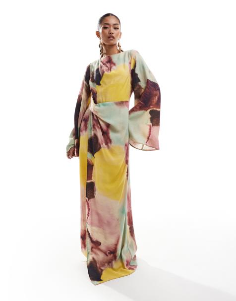 ASOS DESIGN – Maxikleid mit verdrehtem Detail vorn, auffälligen Ärmeln und abstraktem Print - view 1