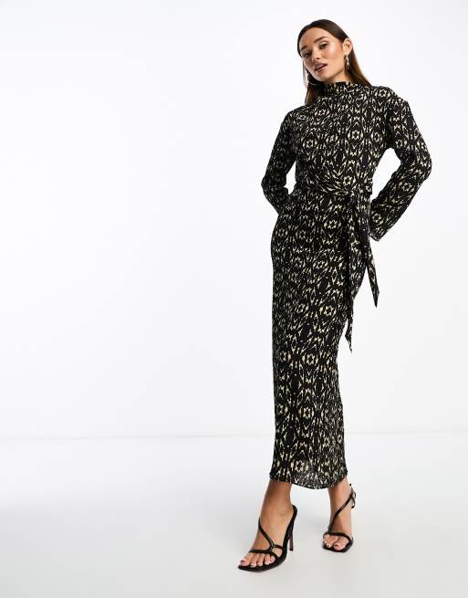 ASOS DESIGN – Maxikleid mit verschwommenem Print in Schwarz und Creme und Taillenbund zum Binden