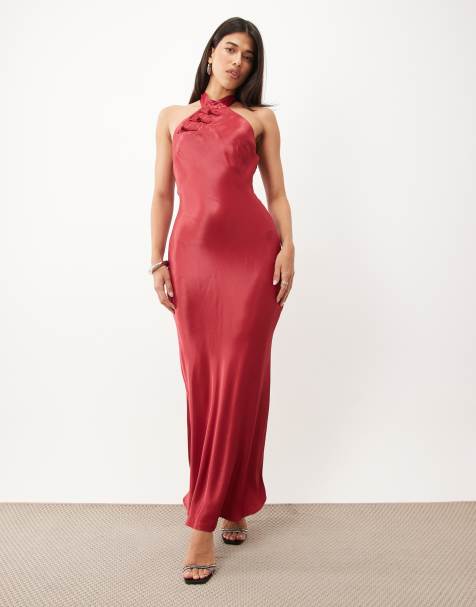 ASOS DESIGN Maxikleid mit Wickel-Mandarin-Kragen aus Satin in Kirschrot - view 1