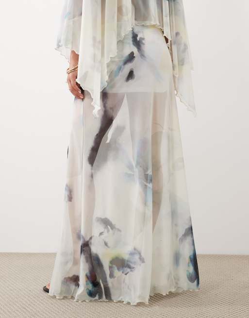 ASOS DESIGN maxinederdel i mesh med print og slids i blå blomsterprint, 4 af 5