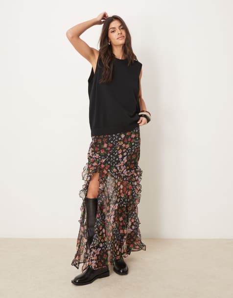 ASOS DESIGN - Maxinederdel med flæser og blomstermønster i chiffon - view 1