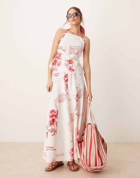 ASOS DESIGN - Maxinederdel med løbesnor i taljen og rødt print - Del af sæt - view 1