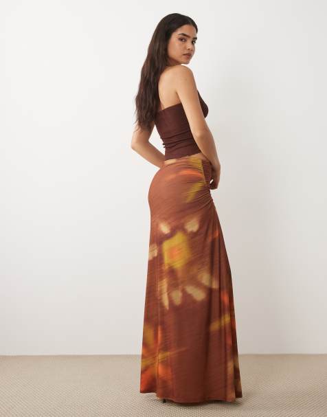 ASOS DESIGN maxinederdel med rynket sidedetalje i sløret solnedgangsprint - view 1
