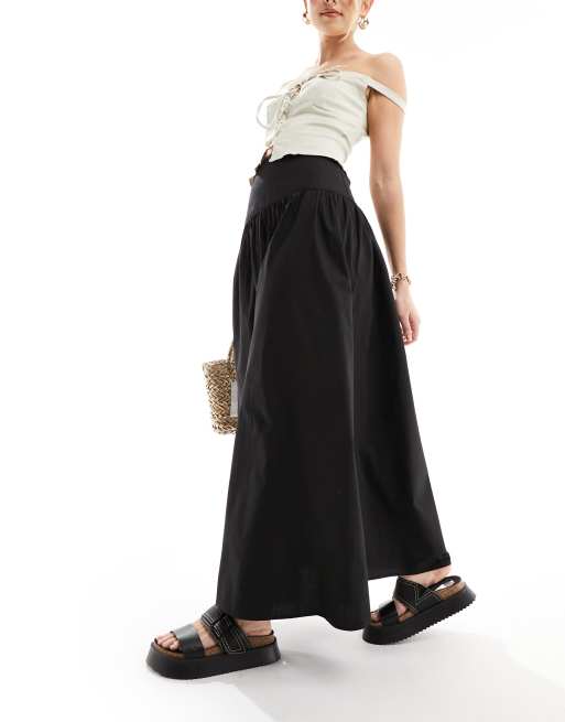 ASOS DESIGN – Maxirock aus Baumwoll-Popeline in Schwarz mit tief angesetzter Taille