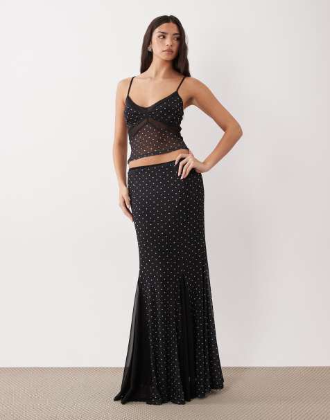 ASOS DESIGN – Maxirock aus gepunktetem Netzstoff in Schwarz, Kombiteil - view 1