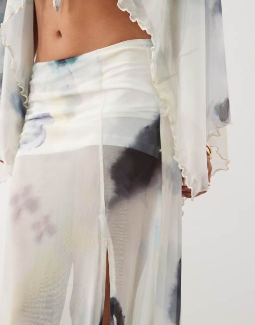 ASOS DESIGN Maxirock aus Mesh mit Print, Schlitz und Blumenmuster in Blau, 5 von 5