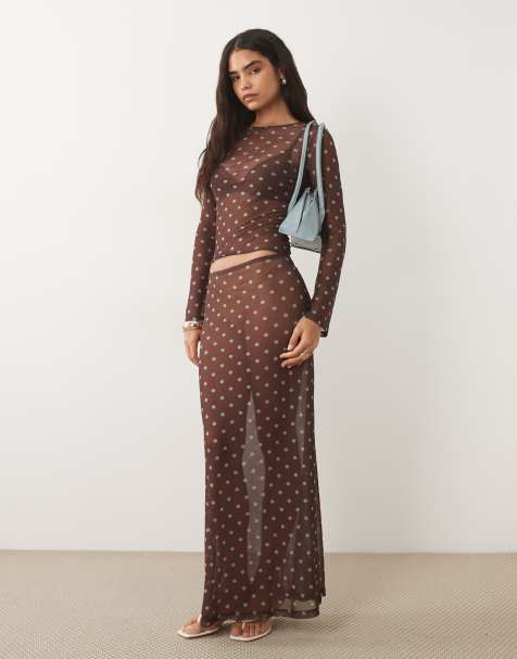 ASOS DESIGN Maxirock aus Mesh mit Punkten in Braun - view 1