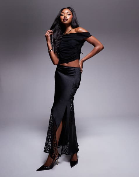 ASOS DESIGN – Maxirock aus Satin und Spitze in Schwarz - view 1