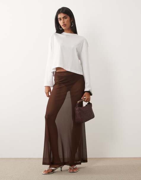 ASOS DESIGN – Maxirock aus transparentem Netzstoff in Schokobraun - view 1