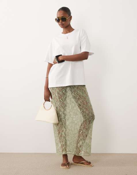 ASOS DESIGN – Maxirock aus zarter Spitze in Grün mit transparenten Paillettenverzierungen - view 1