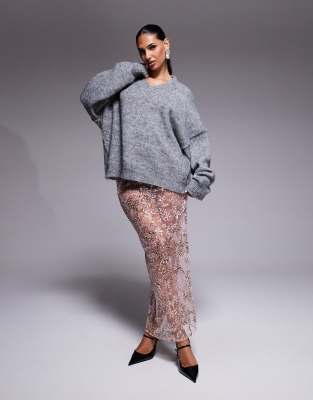 ASOS DESIGN - Maxirock aus zarter Spitze in Rosa mit Paillettenverzierungen